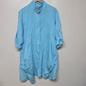 Fridaze Linen Tunic Top Size L Aqua Blue Lagenlook Oversized Roll Tab Shirt